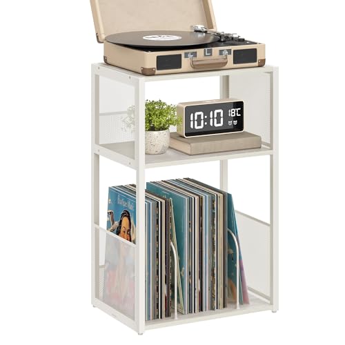 VASAGLE Rustic White 3-Tier Record Player Stand with Vinyl Storage, Holds 100 Albums