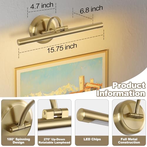 Brass Dimmable Wall Picture Light - 15.75 Inch Adjustable Swing Arm for Artwork
