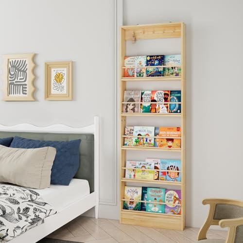 Wall Mounted Bookshelf with Hooks - 5 Tier Floating Wooden Storage for Nursery & Home