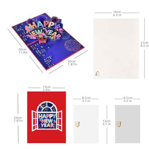 New Year Card Pop Up, Happy New Year Holidays Card, Colorful New Year's Cards, 3D Greeting Card for New Years, Include Envelope.