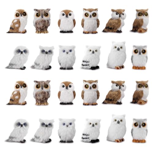 Sratte 24-Pack Christmas Owl Ornaments White and Brown Furry Decorations