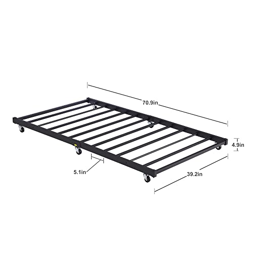 Classic Black Twin Trundle Bed Frame with Lockable Casters - Space-Saving Metal Slats Support