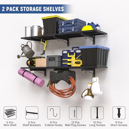 Riciakik 2 Pack Heavy Duty Garage Wall Shelves 46x12.5inch with 8 Hooks, Max Load 320LBS