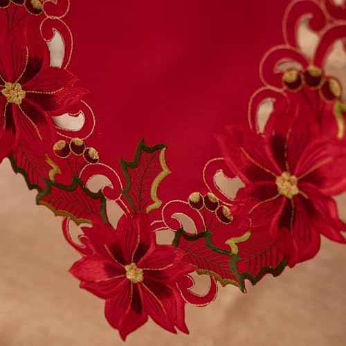Joyfol Day Christmas Red Embroidered Table Runner 14x86 Inch - Poinsettia Holly Leaves & Acorns Holiday Decor