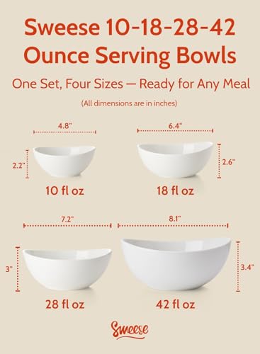 Sweese White Porcelain Serving Bowls Set - 4 Sizes, Microwave & Dishwasher Safe