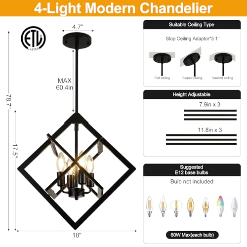 18-Inch Matte Black Modern Chandelier - No Assembly 4-Light Pendant Fixture for Dining & Kitchen