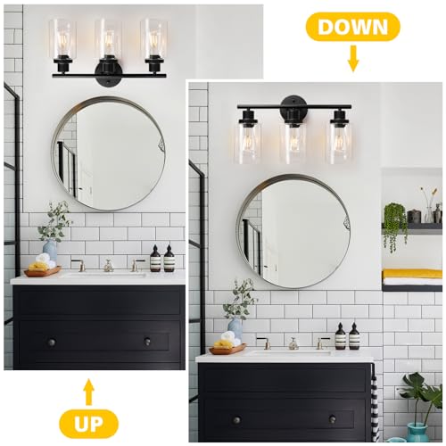 Unicozin Black 3 Light Vanity Wall Lamp with Clear Glass for Bathroom & Bedroom - Modern E26 Fixture