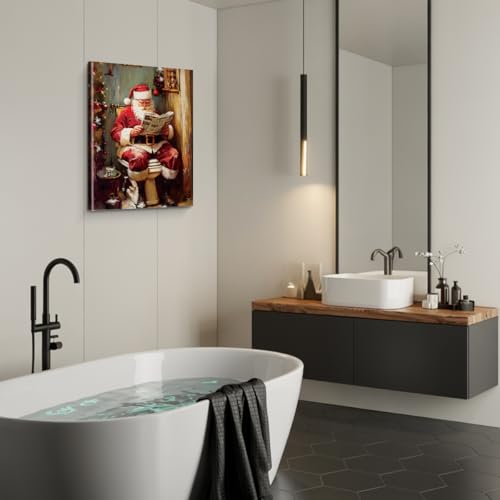 XIPLUM Funny Christmas Bathroom Canvas Wall Art Framed Santa on Toilet 8x10 in - Holiday Humorous Poster