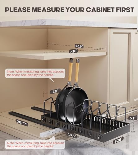Lozovin Pull Out Pot and Pan Organizer with 8 Adjustable Dividers, 2 Pack - Under Cabinet Sliding Lid and Bakeware Rack, Black