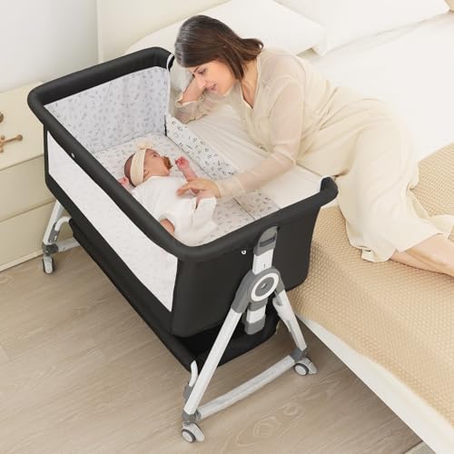 OHFLY Dark Grey 4-in-1 Portable Baby Bassinet with Waterproof Mattress & Locking Wheels