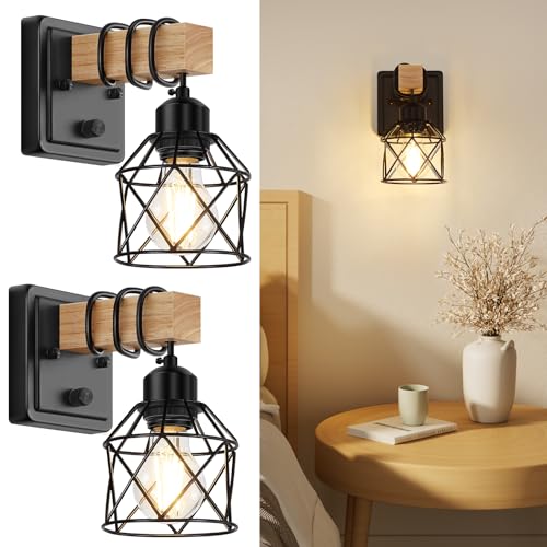 Dimmable Wall Sconces Set of Two with Rotary Switch, Black Farmhouse Bathroom & Bedroom Light Fixtures