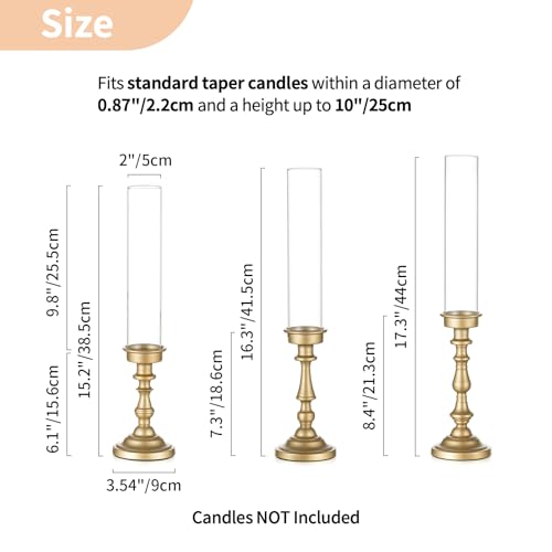 Set of 6 Gold Hurricane Candle Holders with Glass Shades - Vintage Taper Holders