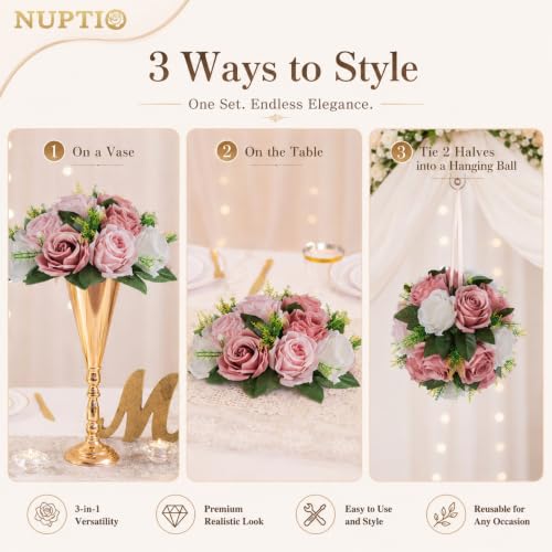 NUPTIO 10 Pcs Dusty Pink & White Fake Flower Balls for Table Centerpieces
