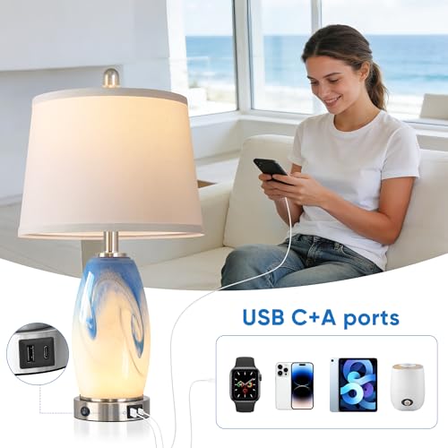 Hamucd Coastal Glass Table Lamp Set of 2 - Pattern 2, 7 Lighting Modes, USB Ports, Nautical Nightstand Lamps for Bedroom & Living Room