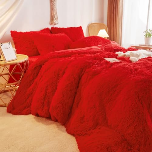 HAIHUA Red Queen Plush Faux Fur Comforter Cover Set with Pillowcases