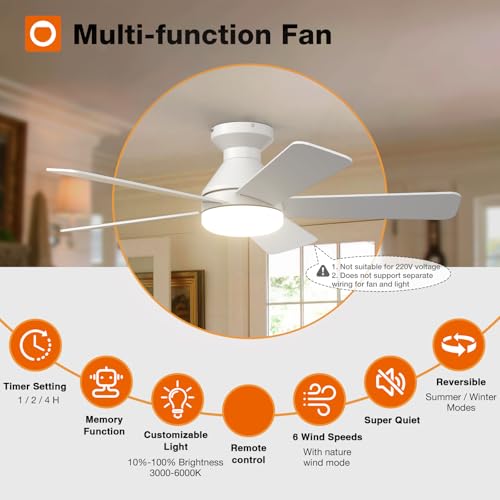 White 42 Inch Modern Low Profile Ceiling Fan with Lights and Remote – Energy Efficient