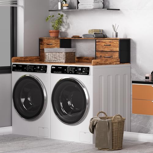 Unionly 2-Tier Washer and Dryer Countertop with Fabric Drawers - Rustic Brown