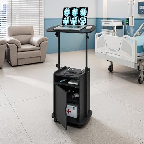 Black Adjustable Laptop Cart with Storage and Locking Wheels – Mobile Workstation