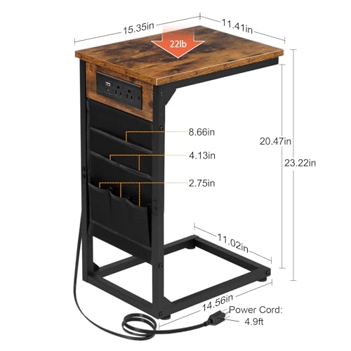 C Shaped End Table with Charging Station - Rustic Brown, Set of 2