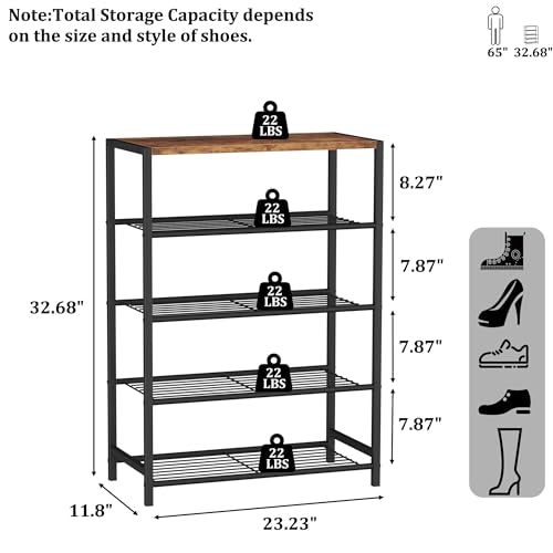 HOMEFORT Rustic Brown 5-Tier Shoe Rack with MDF Top Shelf, Fits 3 Pairs per Tier - Entryway Organizer, Compact Storage Shelf (11.8"D x 23.23"W x 32.68"H)