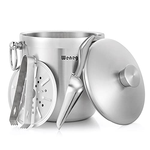 WENEGG Stainless Steel 3L Insulated Ice Bucket with Lid, Tongs & Strainer