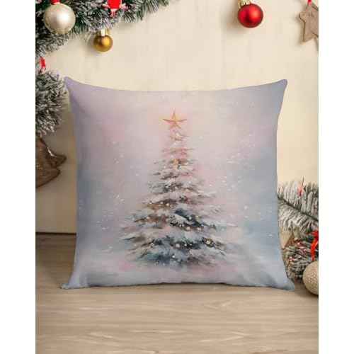 Christmas Pillow Cover 18x18 ? Pastel Pink and Blue Christmas Tree Throw Pillow ? Dreamy Holiday Decor with Gold Star for Soft Aesthetic Winter Bedroom