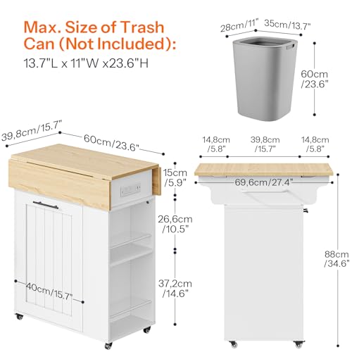 HOOBRO Kitchen Island with Trash Can Storage & Power Outlets, Rolling Drop Leaf Cart, White & Natural