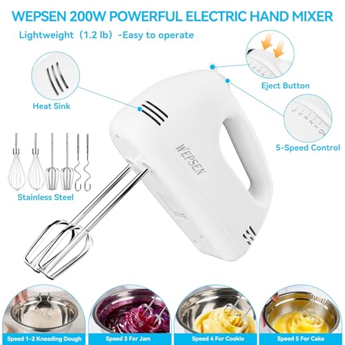 WEPSEN White Hand Mixer with 4 Stainless Steel Bowls & Measuring Sets — 200W Kitchen Baking Appliance