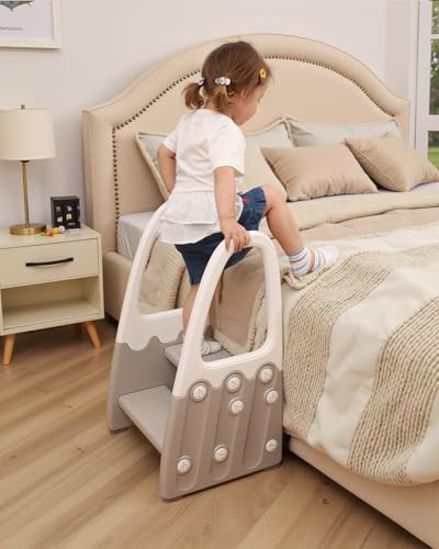 Gray Two Step Stool with Handrails for Toddler & Kids, Learning Tower for Bathroom & Potty Training