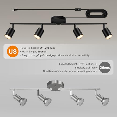 Plug in 4-Light Track Lighting Kit Black - Rotatable Ceiling Spotlight for Kitchen & Bedroom
