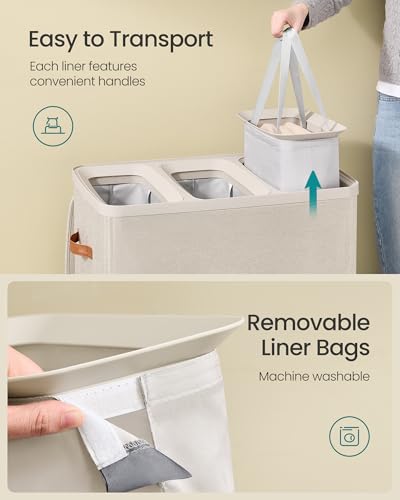 SONGMICS 190L Laundry Hamper with Lid & 3 Removable Bags - Cappuccino Beige