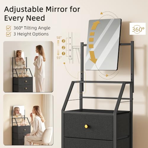 Vanity Dresser with Adjustable Mirror & 4 Fabric Drawers - Black, 15.3 W x 11 D x 58 H