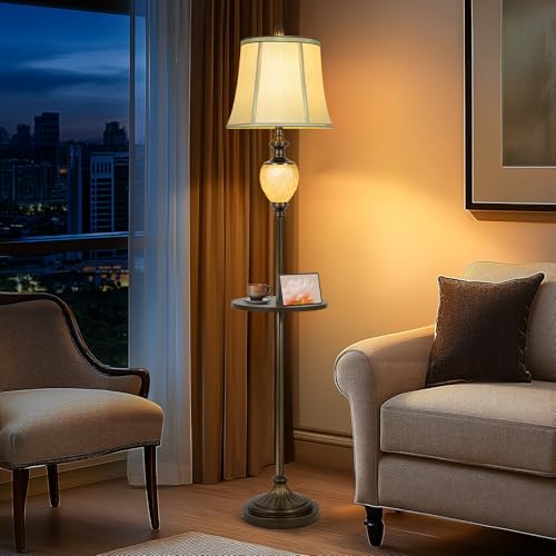 Dark Brown 64-Inch Vintage Floor Lamp with Tray & Nightlight, Faux Silk Shade