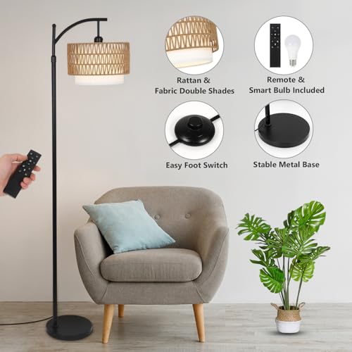Rustic Arc Floor Lamp for Living Room & Bedroom with 3 Color Temperatures - Dimmable Boho Standing Lamp with Remote & Rattan Shade
