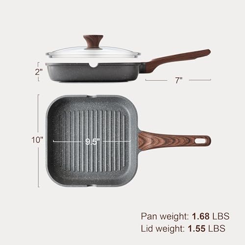 Gray Granite Nonstick Grill Pan with Lid - 9.5 Inch Square Griddle for All Cooktops