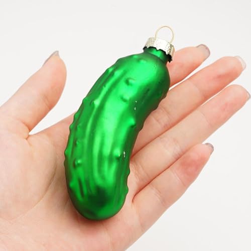 Jowxsx Christmas Pickle Tree Ornaments, Green Glass Blown Cucumber Hanging Ornaments with Lanyard, Traditional Christmas Tree Decoration