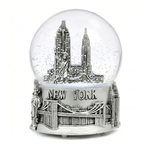 Musical Silver New York City Snow Globe with Sculpture Base [5.5 Inch]
