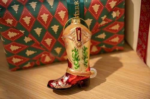 Set of 2 Hand Blown Glass Cowboy Boot Christmas Ornaments for Holiday Tree Decor