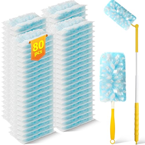 Swilsweep 80 Count Duster Refills with 1 Short & 3ft Extendable Handles, Compatible with Swiffer, Microfiber, Disposable, Unscented, Bulk Kit