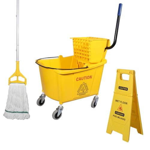 35 Quart Commercial Mop Bucket with Wringer on Wheels - Heavy Duty Floor Cleaning