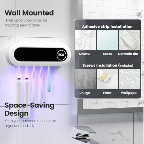 Wall Mounted Toothbrush Holder with 5 Slots and 6-Minute Timer - White