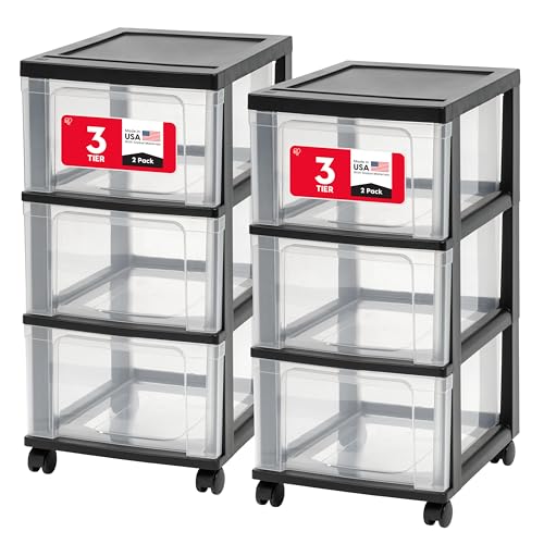 IRIS USA 3-Drawer Slim Storage Cart Set - Black & Clear, Pack of 2