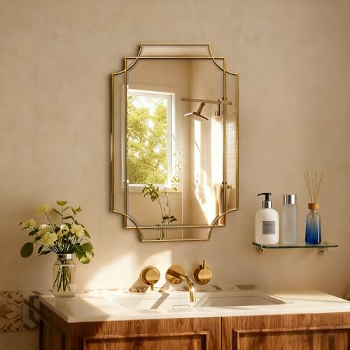 HQiJun 30x20 Inch Gold Wall Mirror with Wooden Frame — Beveled Irregular Rectangle Design for Bedroom & Living Room