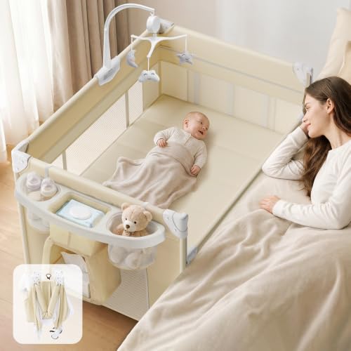 Wnttmt 4-in-1 Baby Bassinet & Bedside Sleeper with Diaper Changer - Beige