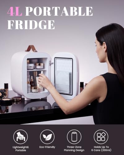 Mini Skincare & Makeup Fridge with LED Mirror, 4L, Portable White - Fansexpert