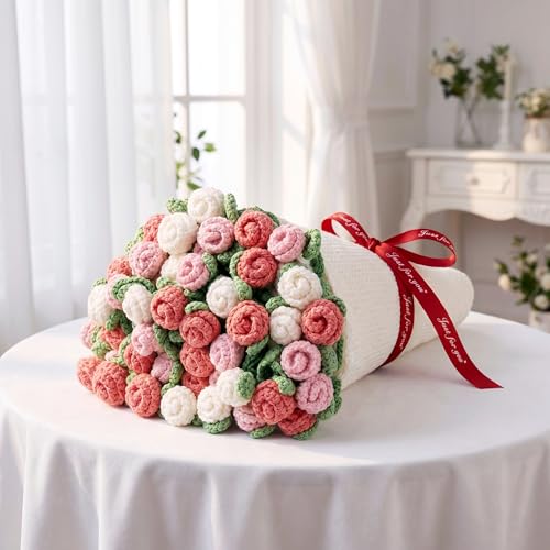 Mixed Pink & White Roses Crochet Flower Blanket - 43 Inch Throw with Bouquet Style Design