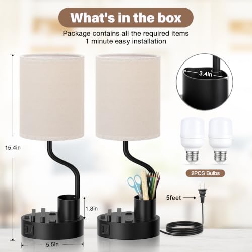 Fenmzee Bedside Lamps Set of 2 with USB & Outlets, Beige - Modern Nightstand Lighting