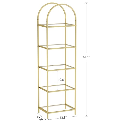 Gold 5-Tier Tall Bookshelf with Glass Shelves - Arched Bookcase, 11.8 x 13.8 x 57.1 inches