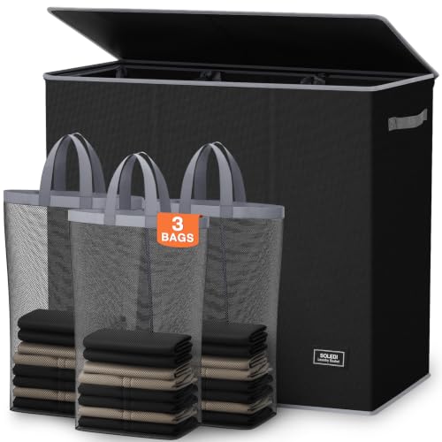 SOLEDI Large 180L 3-Section Laundry Hamper with Removable Mesh Bags, Black