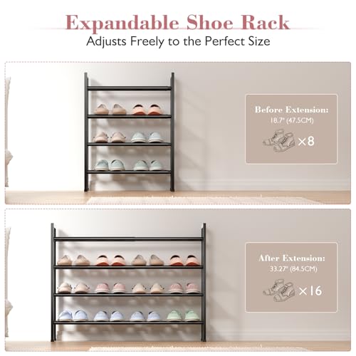 Bumusty 4-Tier Expandable Shoe Rack for Closet - Black, Adjustable & Space-Saving